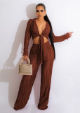 Women'S Fall/Winter Cropped Tie-Up Pleated Sexy Casual Two Piece Pants Set