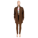 Women'S Fashion Solid Fleece Cardigan Coat Pants Two-Piece Set