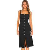 Chic Elegant Fashion Patchwork Button Solid Strap Midi Dress