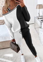 Autumn Winter Colorblock Shoulder Cutout Long Sleeve Sweatshirt Pocket Trousers Casual Two Piece Pants Set