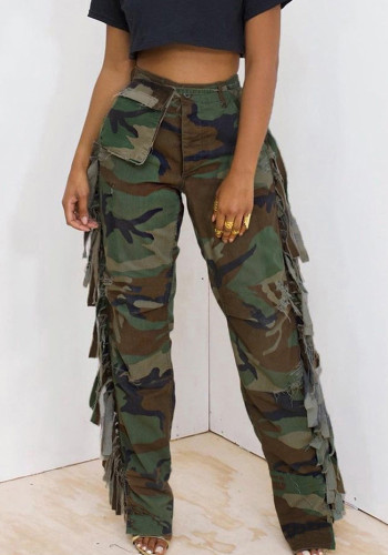 Casual broek in camouflage-stijl met franjes voor dames