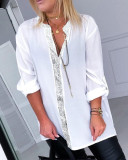 Women'S Fashion White Sequin Patchwork Long Sleeve Shirt