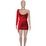 Women'S Sexy Sequin Patchwork One Shoulder Long Sleeve Party Dress