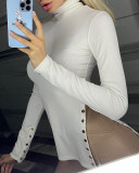 Women'S White High Neck Side Slit Metal Button Long Sleeve Tight Fitting Top