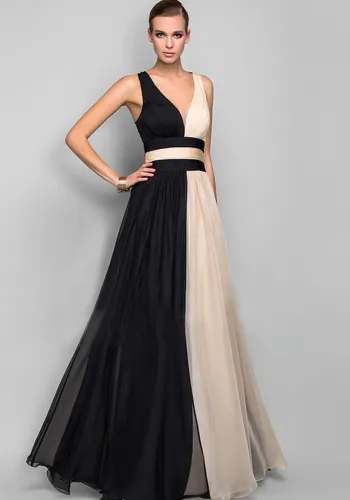 Women'S Chiffon Contrast Sleeveless V-Neck Patchwork Long Evening Dress