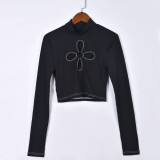 Women Round Neck Four Leaf Cutout Solid Long Sleeve Crop Top