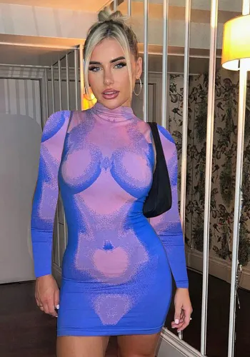 Women Printed Long Sleeve Round Neck Bodycon Dress