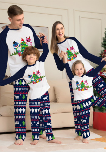 Рождественская елка Мультяшный принт Рукав реглан Круглый вырез Семейная пижама из двух частей