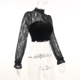 Women High Neck Cutout See-Through Lace Patchwork Crop Top