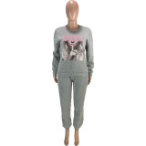 Plus Size Women Casual Fleece Print Long Sleeve Top and Pocket Pant Two Piece