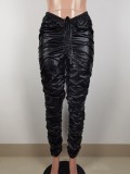 Women Fall/Winter Casual Pleated Slim PU-Leather Pant