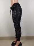 Women Fall/Winter Casual Pleated Slim PU-Leather Pant