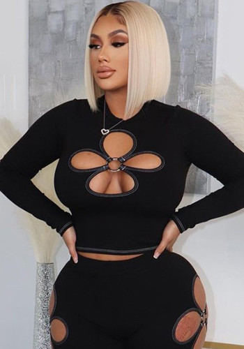 Women Round Neck Four Leaf Cutout Solid Long Sleeve Crop Top