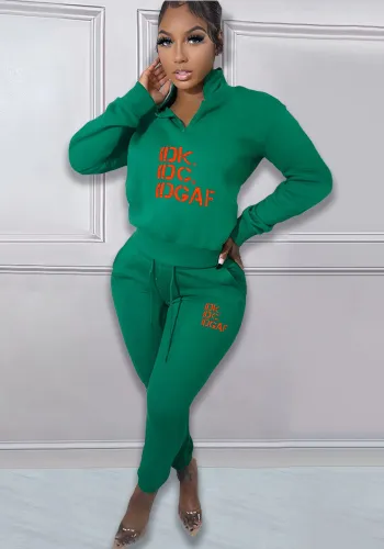 Women Casual Letter Print Fleece Zip Long Sleeve Top and Pant Two Piece