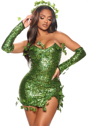 Cosplayer Sequin Green Dress with Gloves