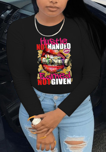 T-shirt manica lunga girocollo stampata da donna