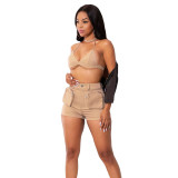 Women Tube bra Backless and Pocket Shorts Two-Piece Set