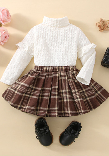 Roupas infantis meninas blusa branca de manga comprida de manga comprida + terno de saia plissada xadrez