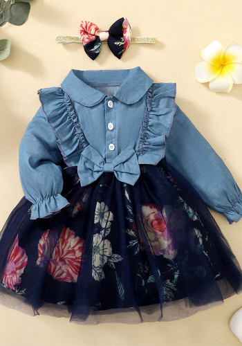 Kız Çocuk Sonbahar/Kış Kot Patchwork Örgü Tutu Prenses Elbise