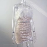 High Waist Sexy Sequin Dress Off Shoulder Feather Dress