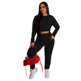 Women Casual Letter Jacquard Long Sleeve Top and Pant Two Piece