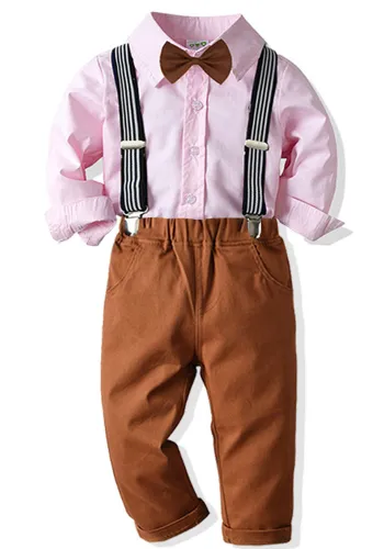 Children's clothing boys little gentleman suit Kids Boy Shirt and bib pants two piece set