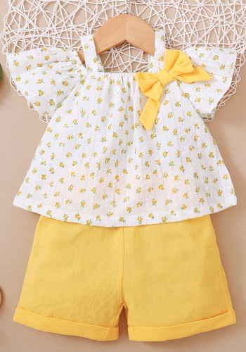 Весенне-осенний топ с короткими рукавами и цветочным принтом для девочек + однотонные шорты, комплект из двух предметов