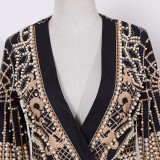 Women French Vintage Beaded Print V-Neck Casual Jacket