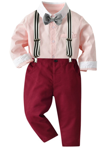 Vêtements pour enfants automne garçons costume gentleman noeud papillon chemise salopette ensemble deux pièces pour enfants
