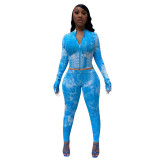Women's Super Stretch Ribbed Ribbed Tie Dye Zip Jacket + Gloves + Pants Set Two Piece