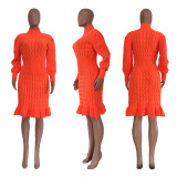 Women Solid Turtleneck Ruffle Dress