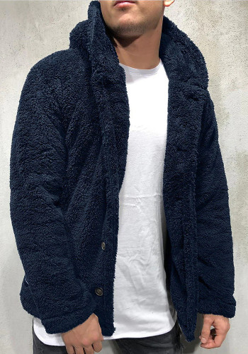 Giacca da uomo in peluche Sherpa con cappuccio, soffice cardigan in pile, giacca invernale calda con bottoni