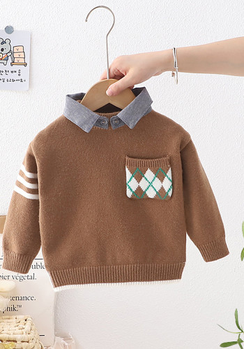 Детский свитер Осень Зима Мальчики Отложной воротник Карманный пуловер Вязание Топ