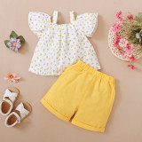 Girls' Spring and Autumn Floral Short Sleeve Top + Solid Color Shorts Two-piece Set