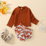 Baby Girls Solid Ribbed Long Sleeve Top +shorts two piece set