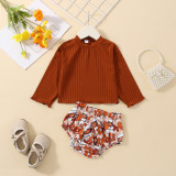 Baby Girls Solid Ribbed Long Sleeve Top +shorts two piece set