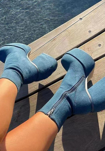 Plus Size Denim Short Boots Women'S Square Toe Platform High Heel Fashion Platform Women'S Boots