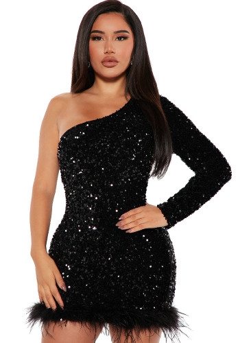 Fall/Winter Slash Shoulder Long Sleeve Sequin Feather Bodycon Party Dress