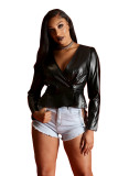 Women'S Sexy Slim V-Neck Pu Leather Long Sleeve Top