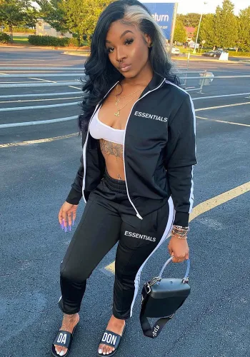 Fashion Letter Print Zip Side Stripe Patchwork Two Piece Tracksuit