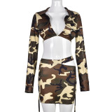 Autumn And Winter Women Camouflage Tie Long-Sleeved Shirt Skirt Street Two-Piece Set