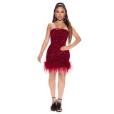 Women'S Fashion Strapless Bodycon Feather Sequin Nightclub Party Dress