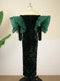 Elegant Mesh Patchwork Long Sleeves Off Shoulder Sequins Party Dresses