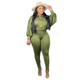 Sexy Plus Size Solid Puff Sleeve Zip Slim Jumpsuit