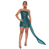 Fashion Women Strapless Streamer Sequins Bodycon Dress