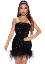 Vestido de fiesta de club nocturno con lentejuelas y plumas sin tirantes a la moda para mujer