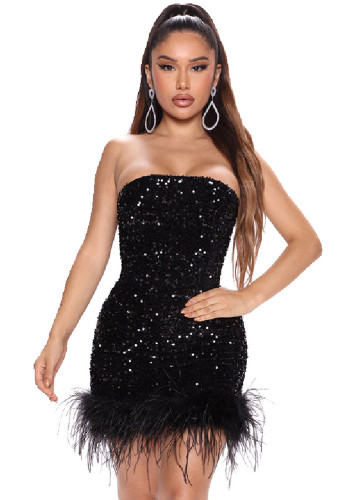 Женская мода без бретелек облегающее вечернее платье с пайетками и перьями для ночного клуба