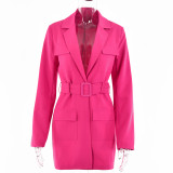 Women Spring British Retro Solid Color Long-Sleeved Belted Blazer Jacket