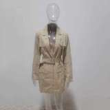 Women Spring British Retro Solid Color Long-Sleeved Belted Blazer Jacket
