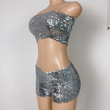 Sexy Sequins Strapless Women'S Two Piece Club Shorts Set
